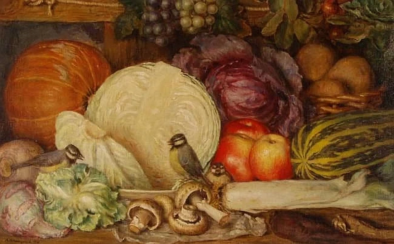 Natura morta con frutta, verdura e uccelli da giardino